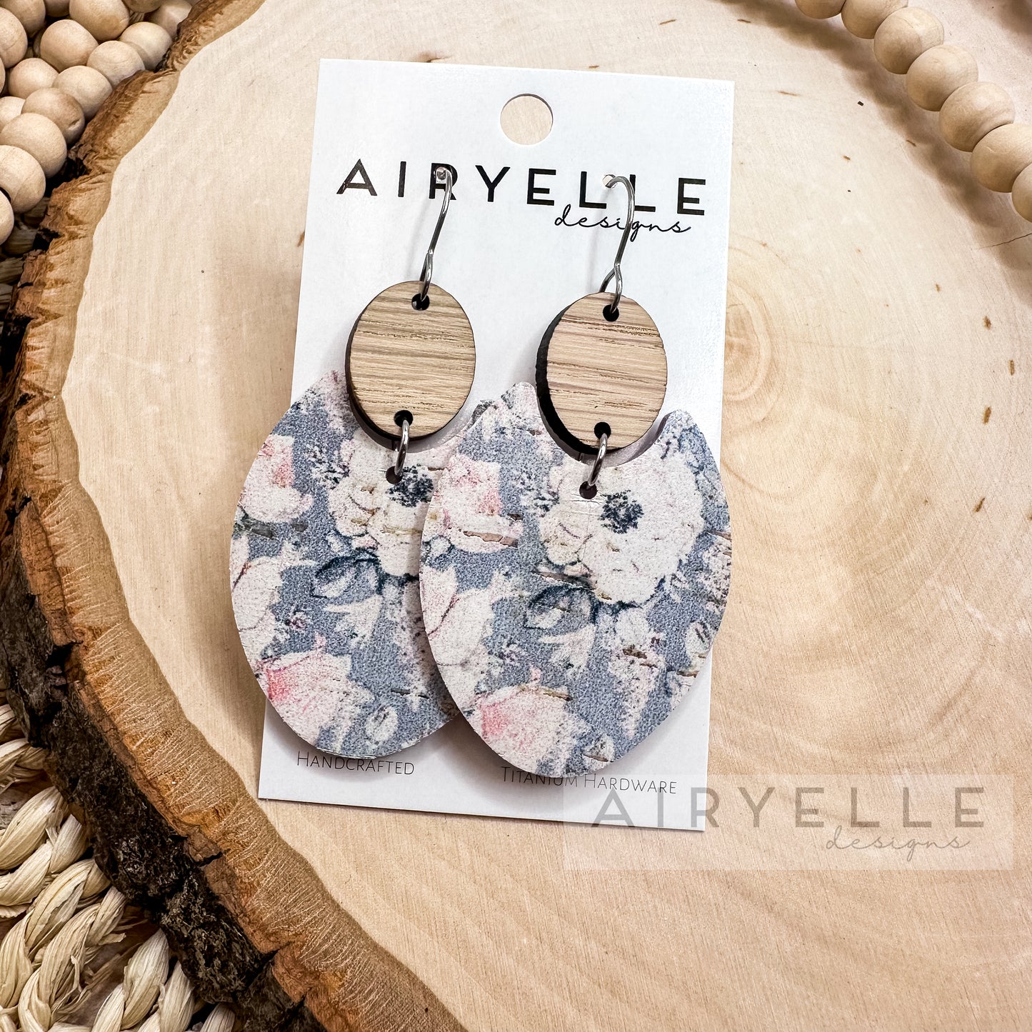 Wild Pastel Roses Wood + Leather Scoop Earrings