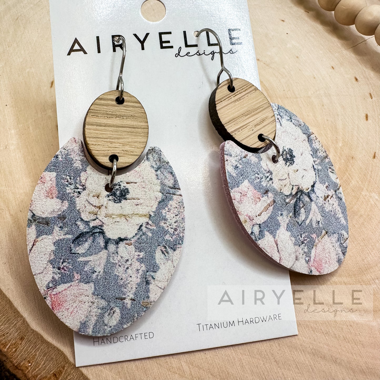 Wild Pastel Roses Wood + Leather Scoop Earrings