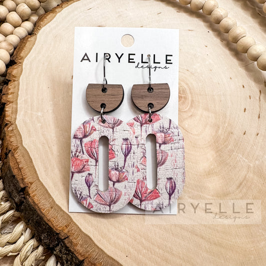 Distressed Pink Floral Cork + Leather Oval Hoop Earrings