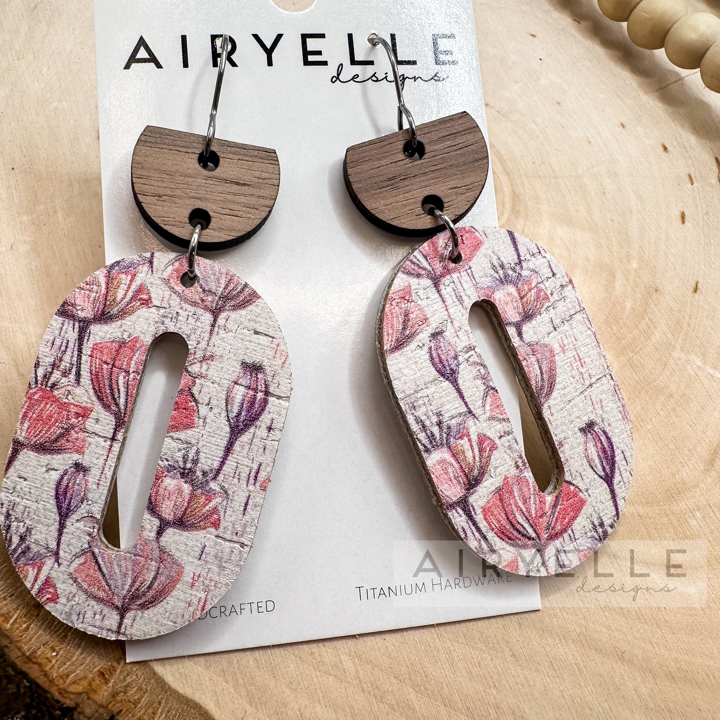 Distressed Pink Floral Cork + Leather Oval Hoop Earrings