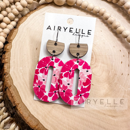 Bright Fuchsia Pink Floral Cork + Leather Oval Hoop Earrings