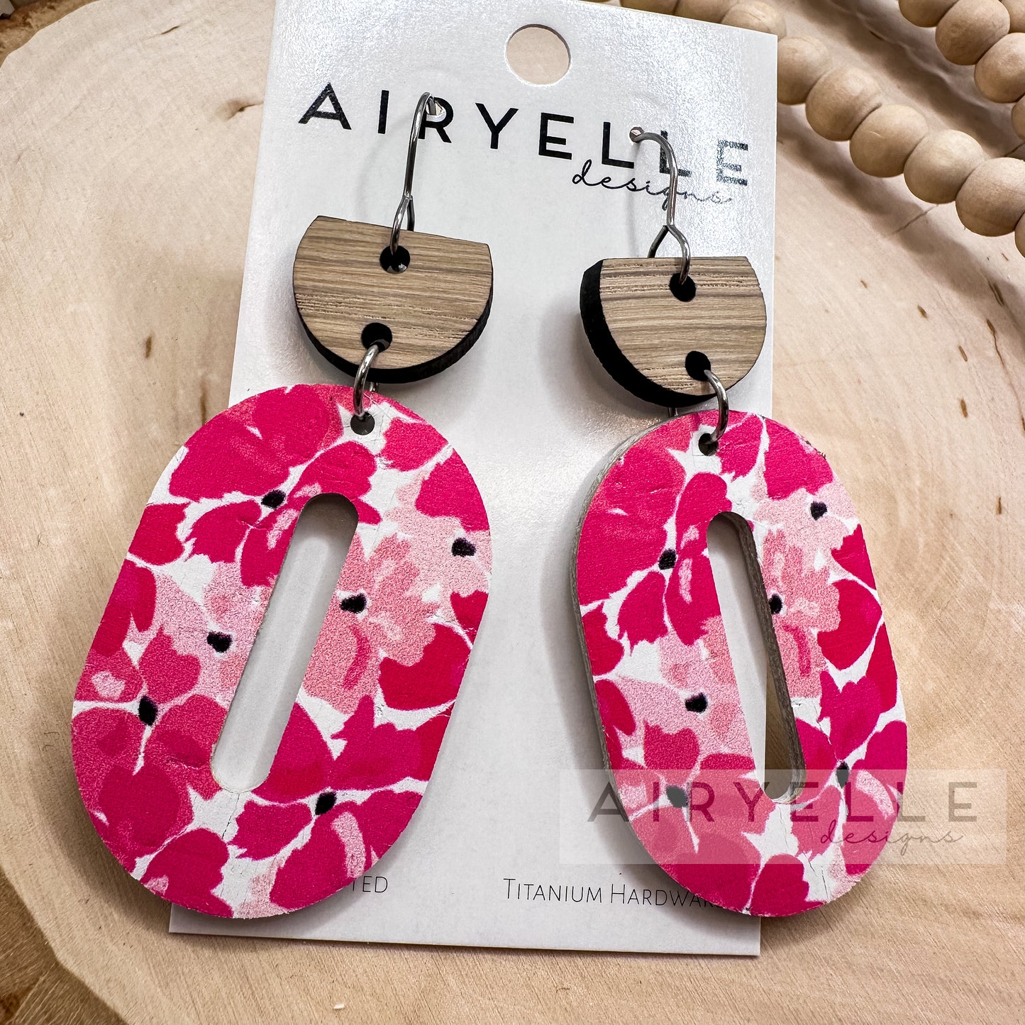 Bright Fuchsia Pink Floral Cork + Leather Oval Hoop Earrings