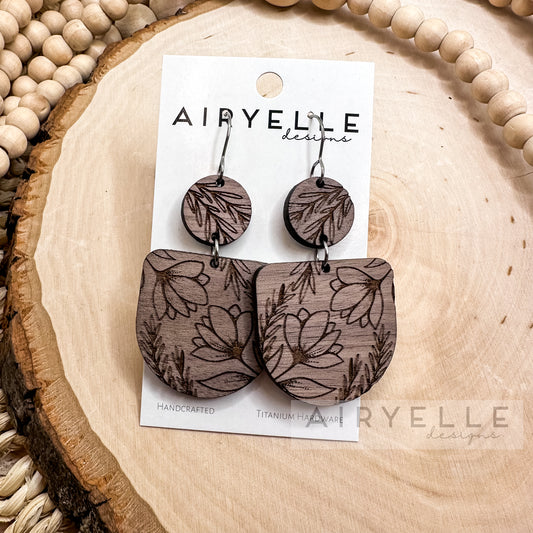 Floral + Vines Walnut Wood Scoop Dangle Earrings