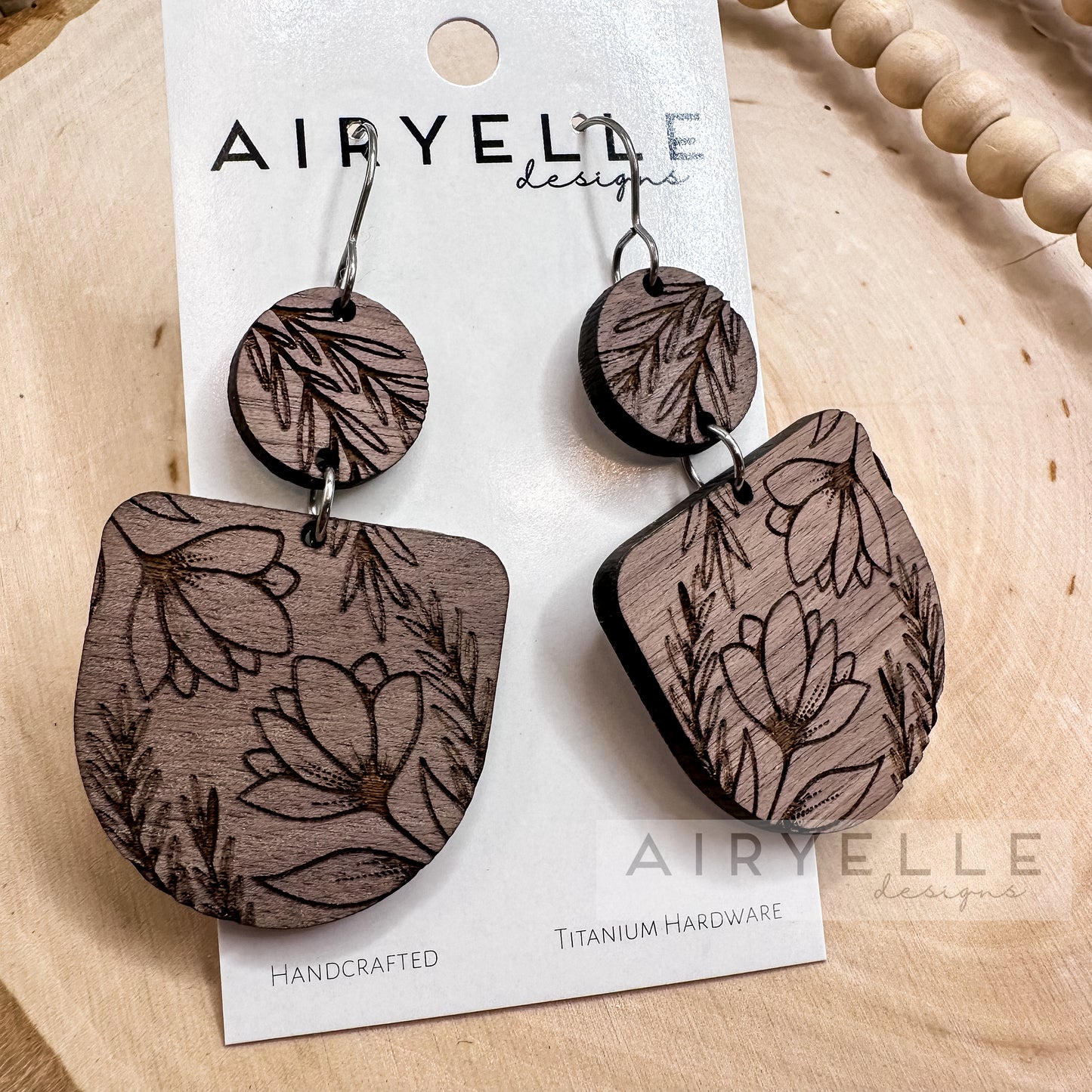 Floral + Vines Walnut Wood Scoop Dangle Earrings