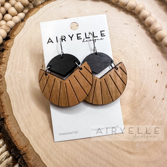 Round Angled Walnut + Black Wood Dangle Earrings