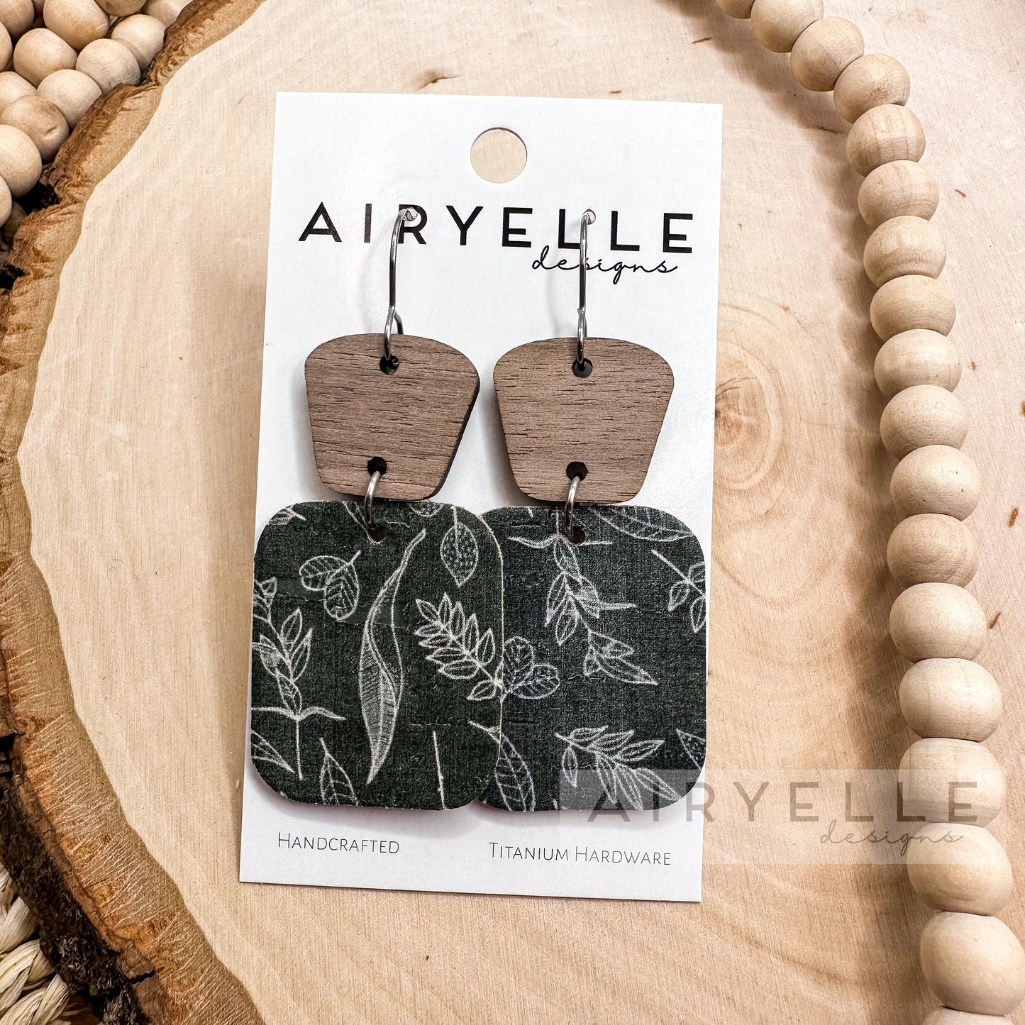 Sage Botanical Cork + Leather Wood Square Dangle Earrings