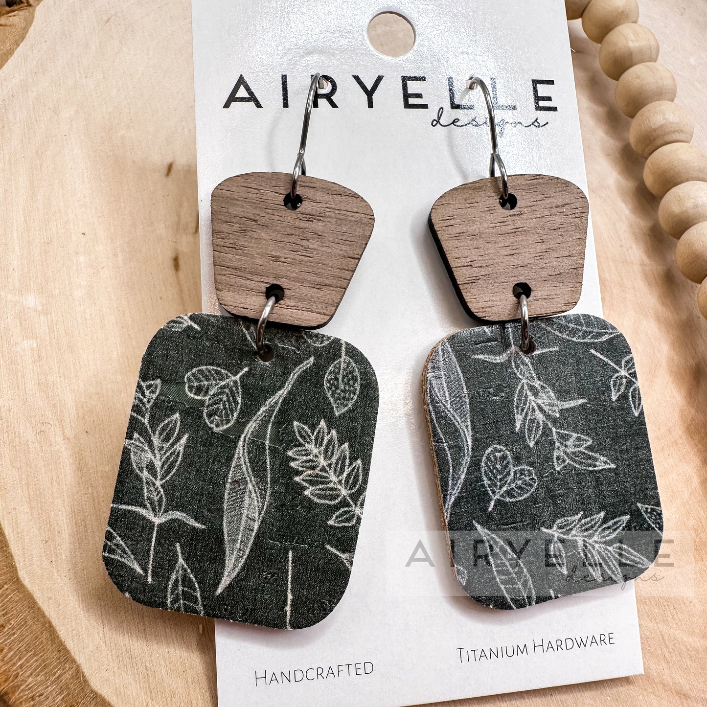 Sage Botanical Cork + Leather Wood Square Dangle Earrings