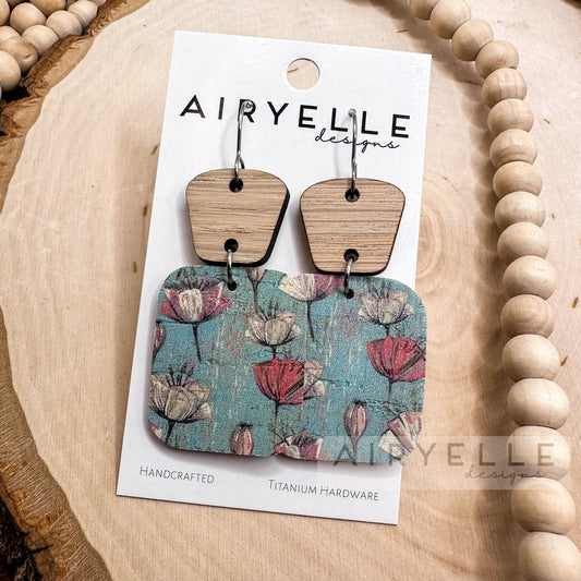 Poppy Rain Light Blue Cork + Leather Wood Square Dangle Earrings