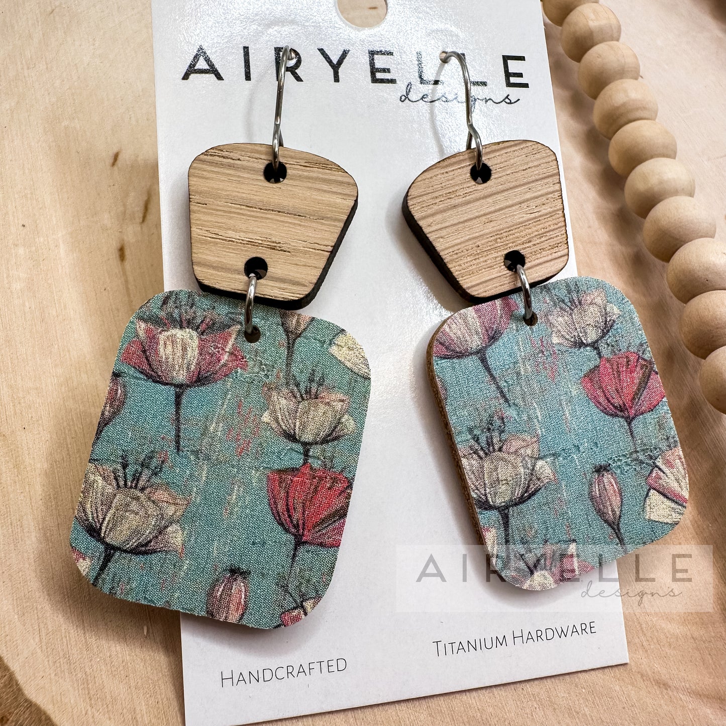 Poppy Rain Light Blue Cork + Leather Wood Square Dangle Earrings