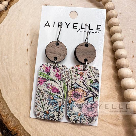 Wild Dreams Floral Cork + Leather Wood Dangle Bar Earrings