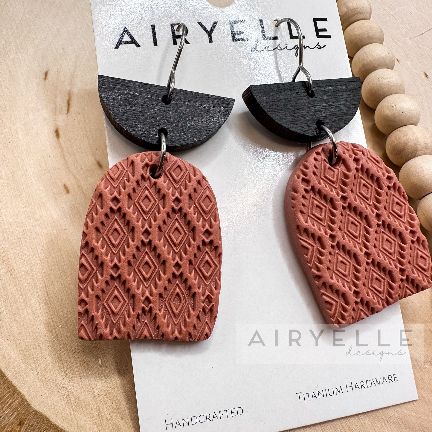 Rustic Aztec Arch Polymer Clay + Black Wood Dangle Earrings