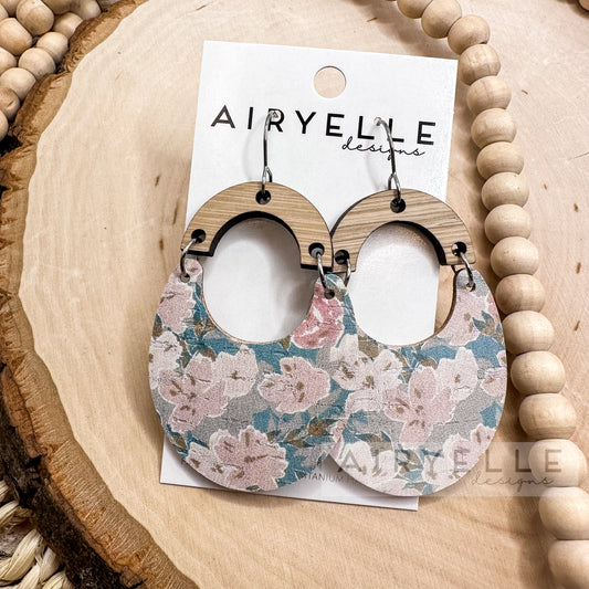 Pastel Floral Wood Arch Cork + Leather Scoop Earrings