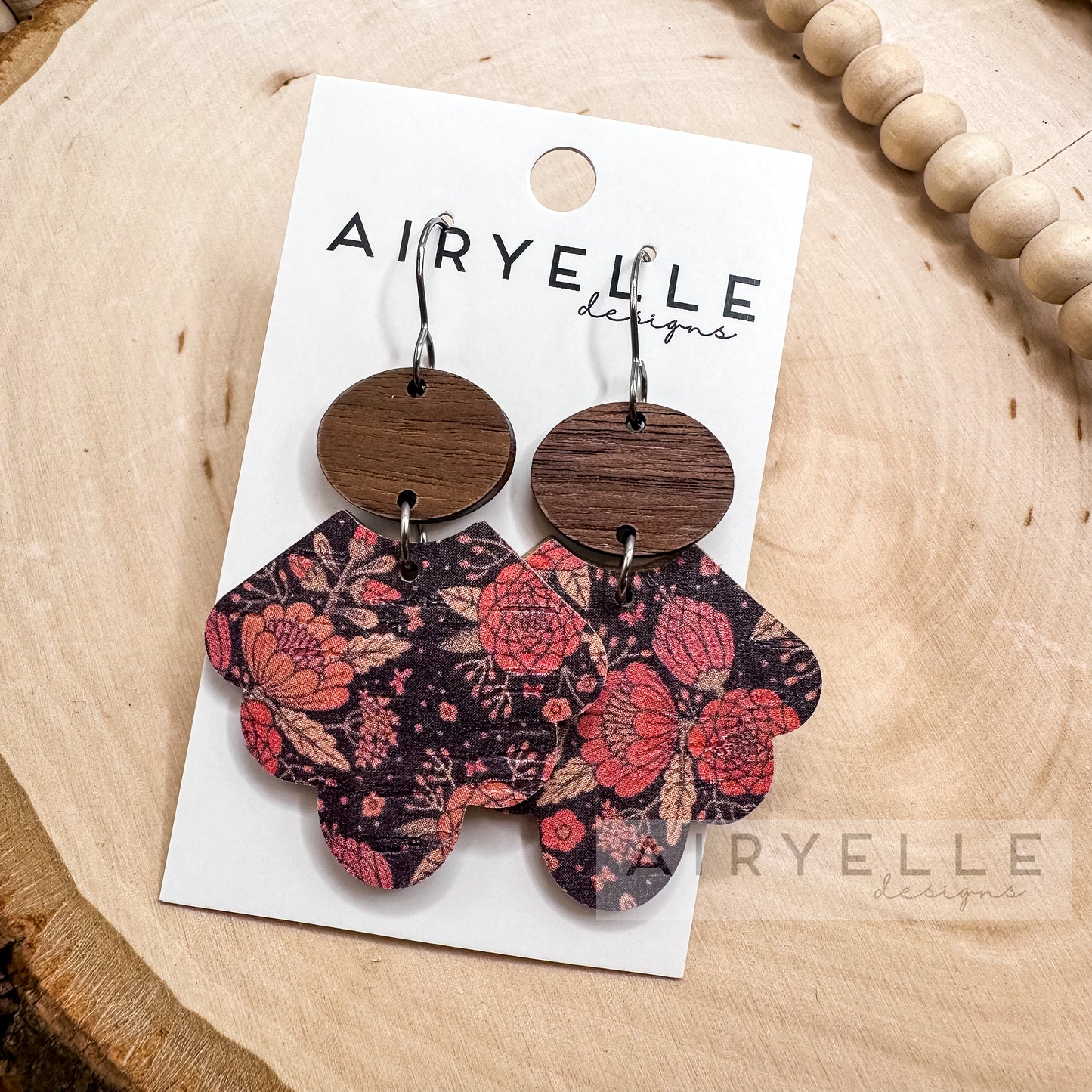 Autumn Floral Scalloped Cork + Leather Wood Earrings