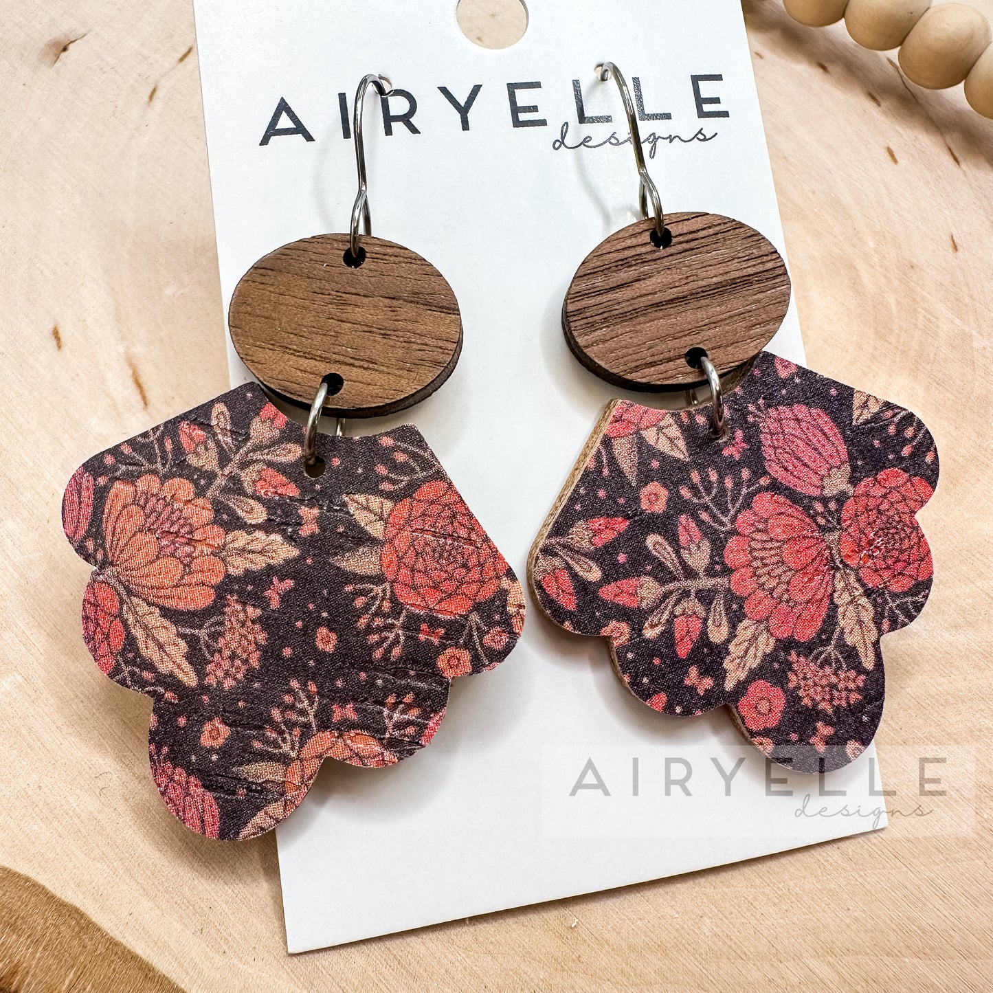 Autumn Floral Scalloped Cork + Leather Wood Earrings
