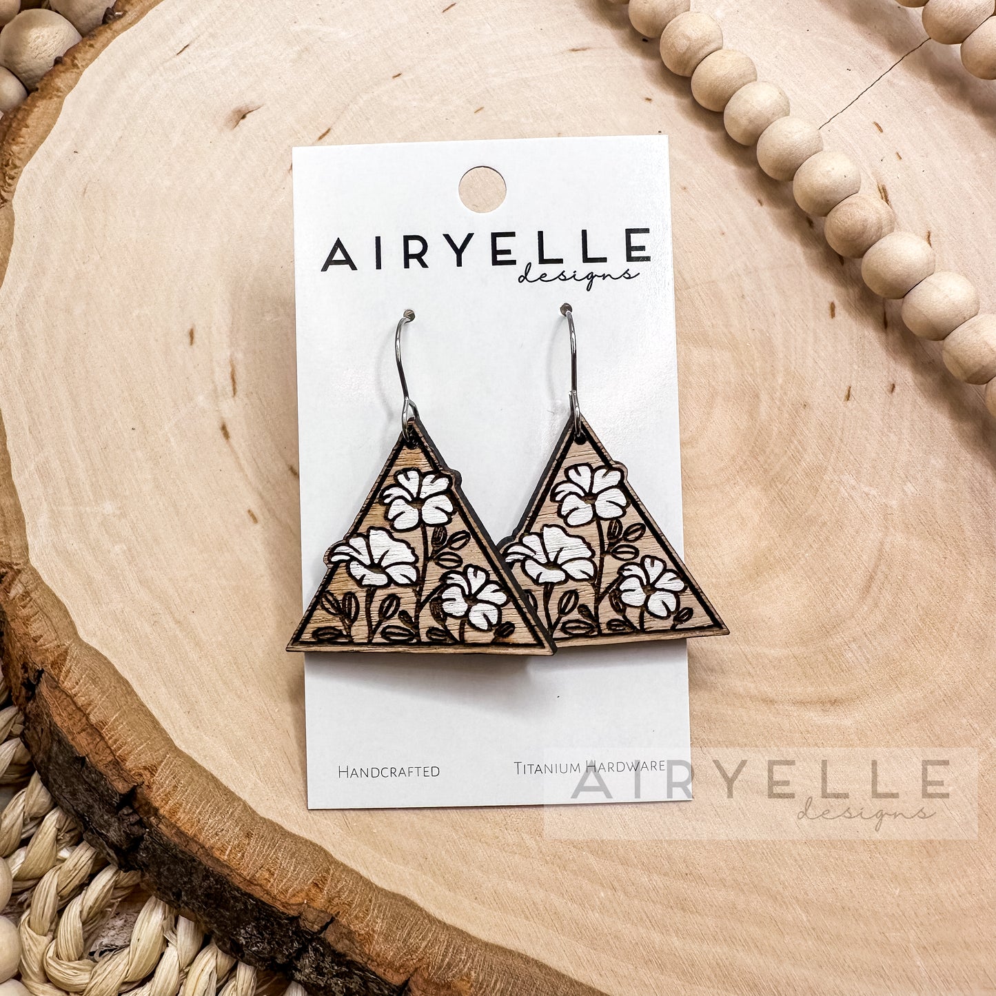 White Floral Oak Wood Triangle Earrings