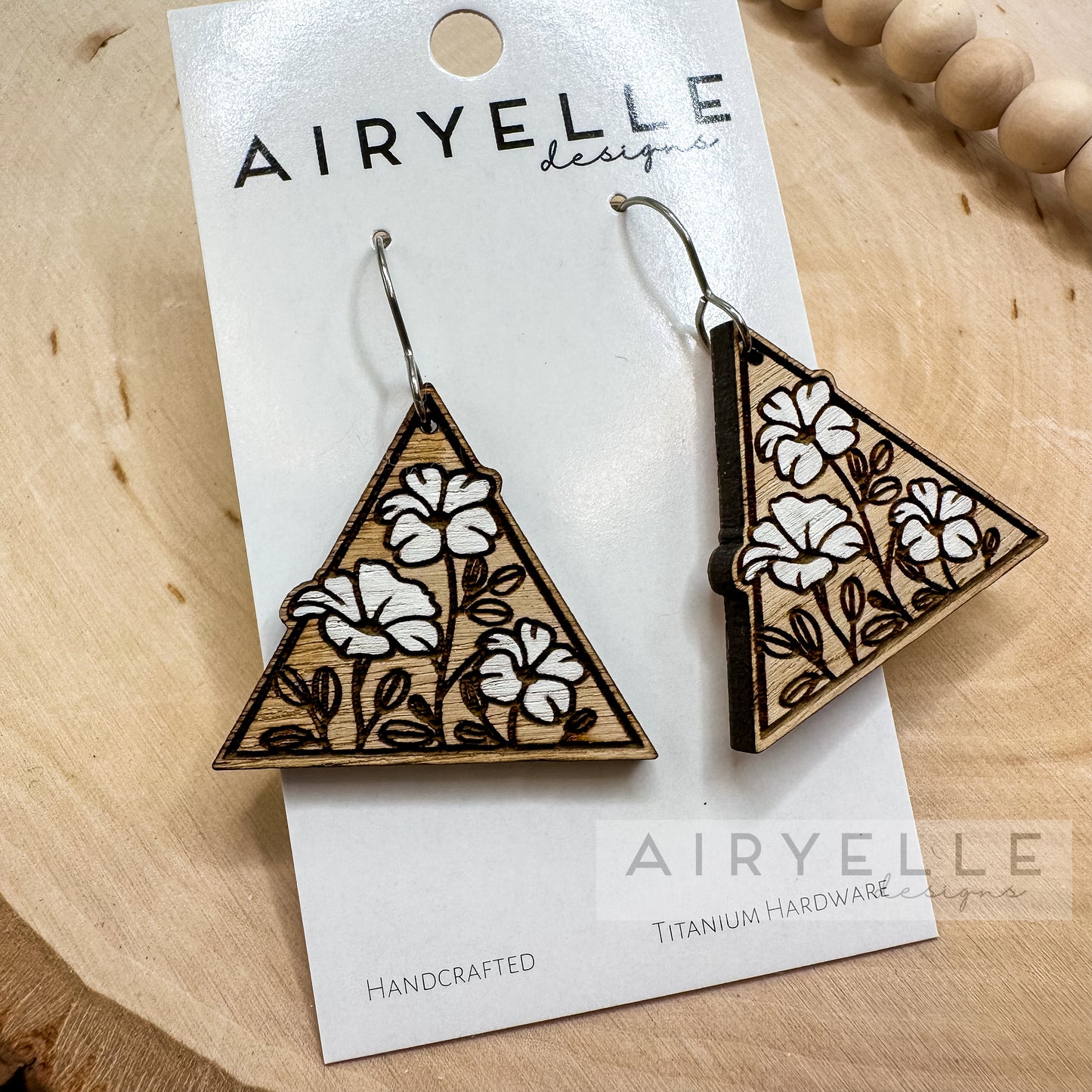 White Floral Oak Wood Triangle Earrings