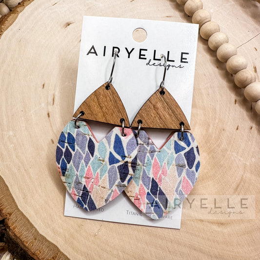 Abstract Mermaid Triangle Cork + Leather Wood Earrings