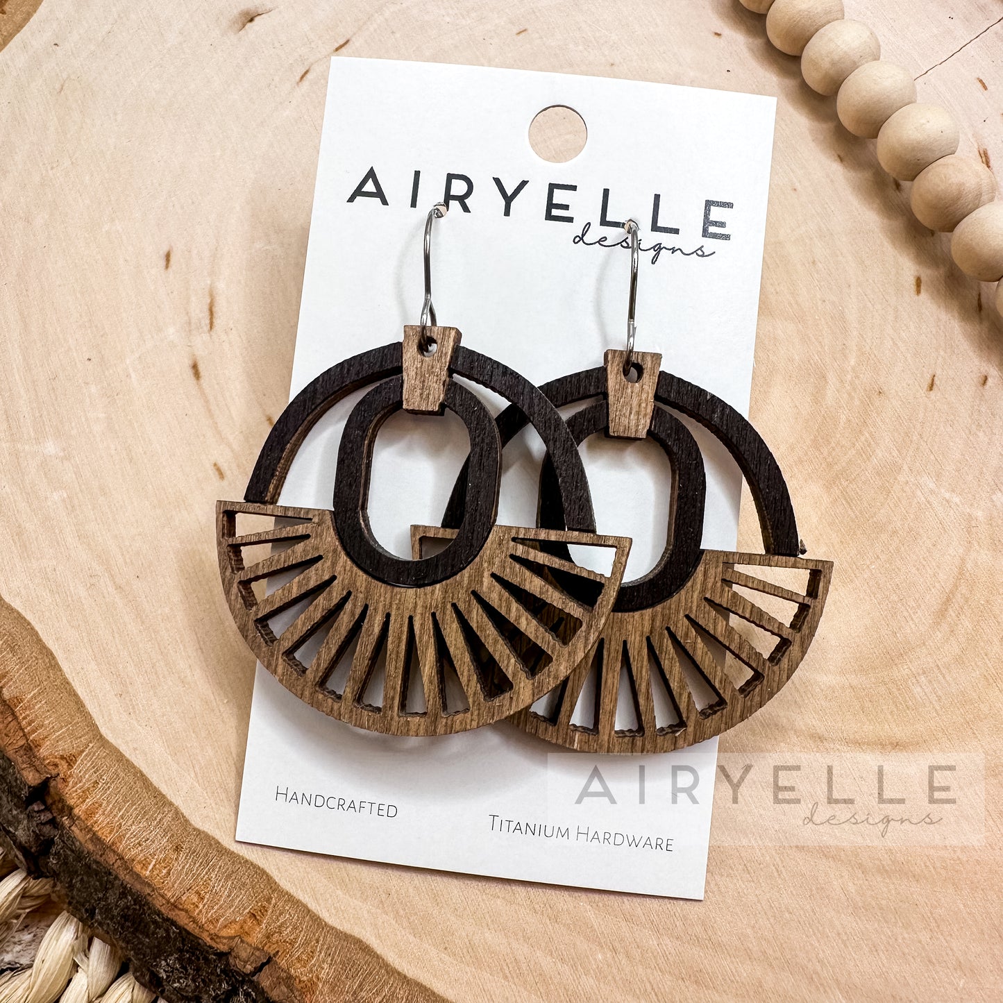 Boho Abstract Aztec Black + Walnut Wood Earrings