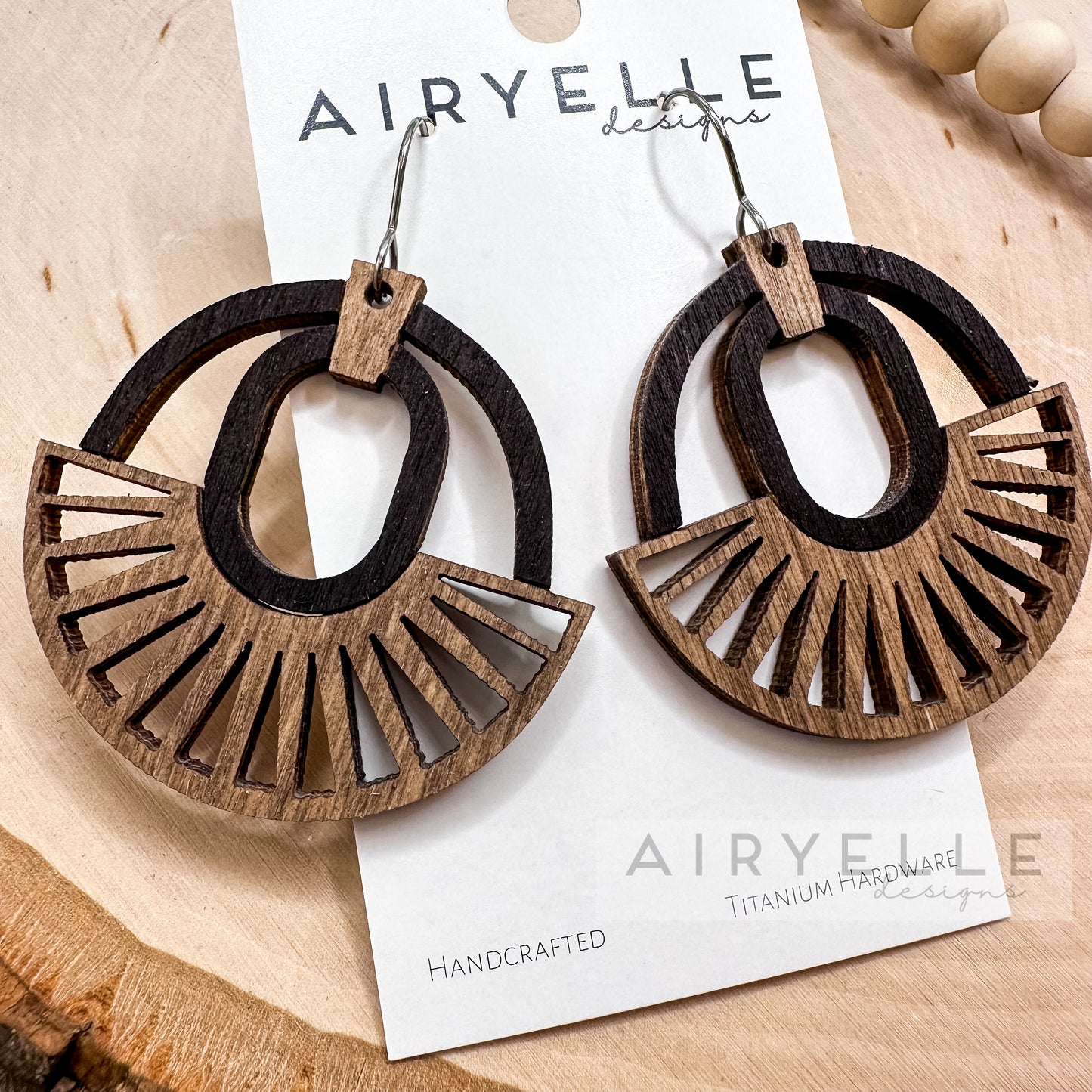 Boho Abstract Aztec Black + Walnut Wood Earrings