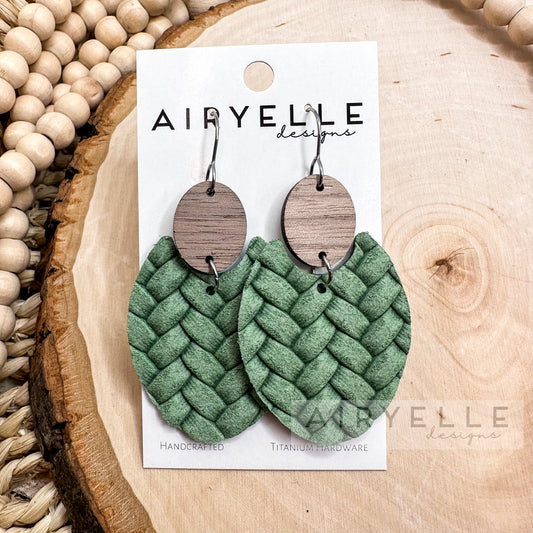 Sage Box Braid Wood + Leather Scoop Earrings