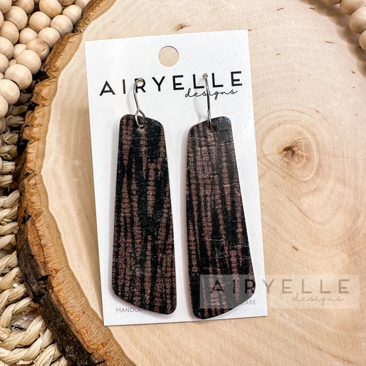 Black and Brown Abstract Boho Cork + Leather Angled Bar Earrings