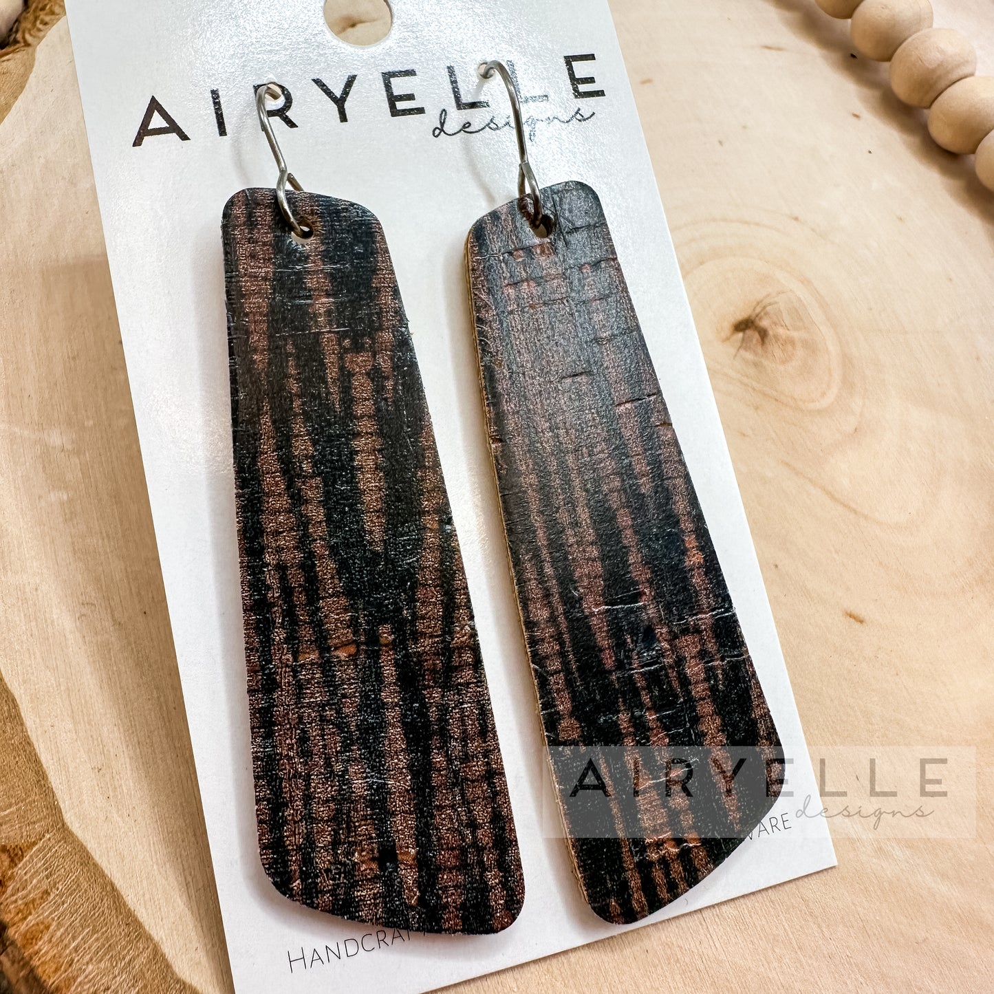 Black and Brown Abstract Boho Cork + Leather Angled Bar Earrings