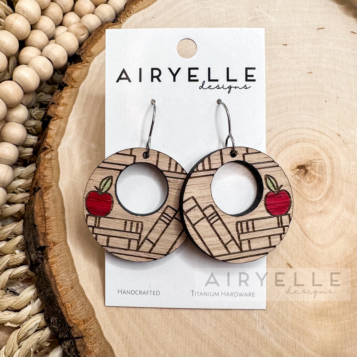 Teacher Apple White Oak Hoop Earrings