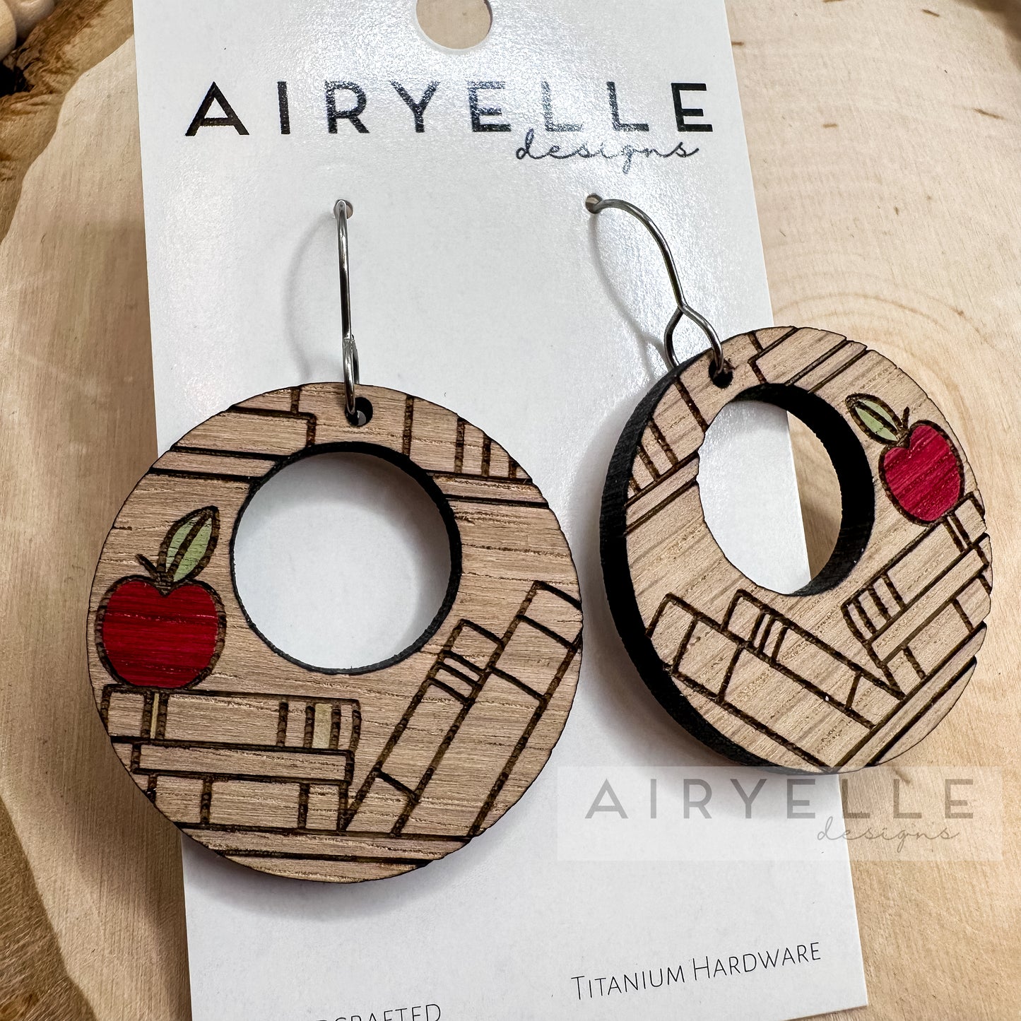 Teacher Apple White Oak Hoop Earrings