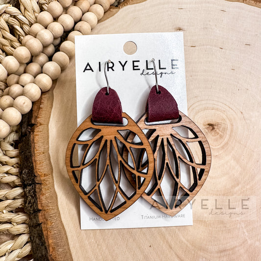 Maroon Leather + Wood Petal Cut Out Earrings