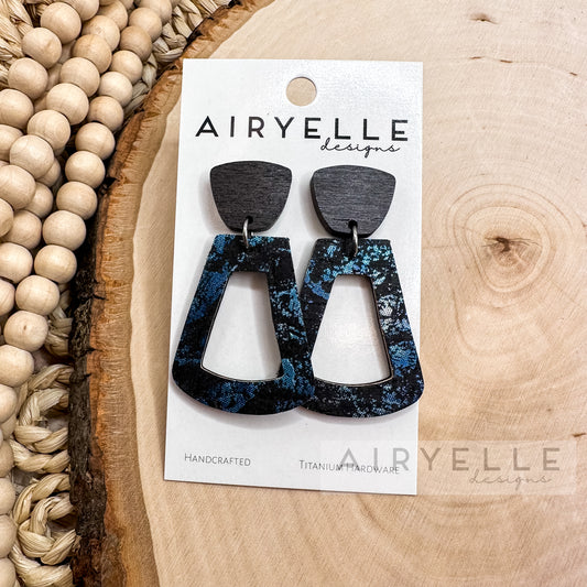 Metallic Blue Cork + Leather Black Wood Trapezoid Earrings