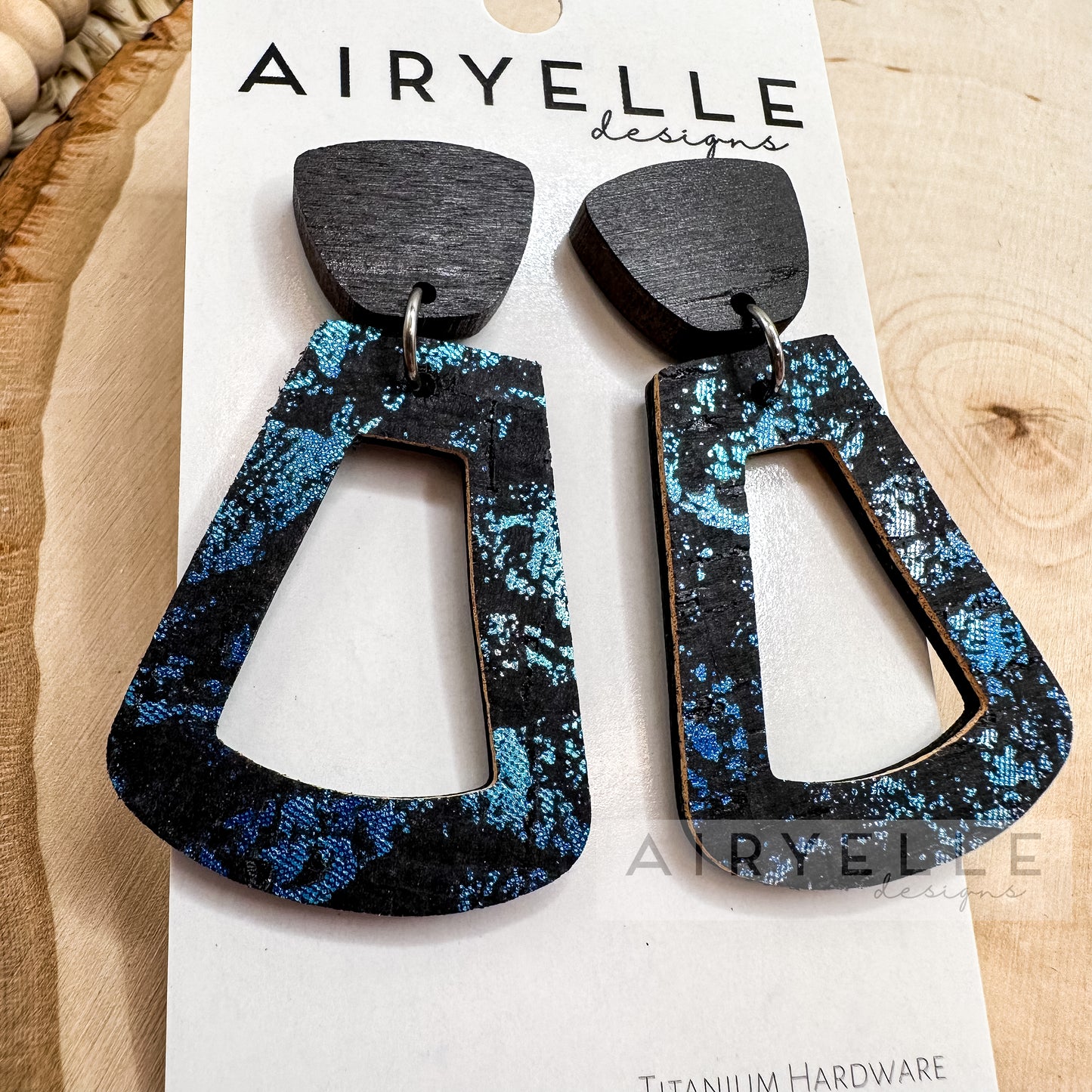 Metallic Blue Cork + Leather Black Wood Trapezoid Earrings