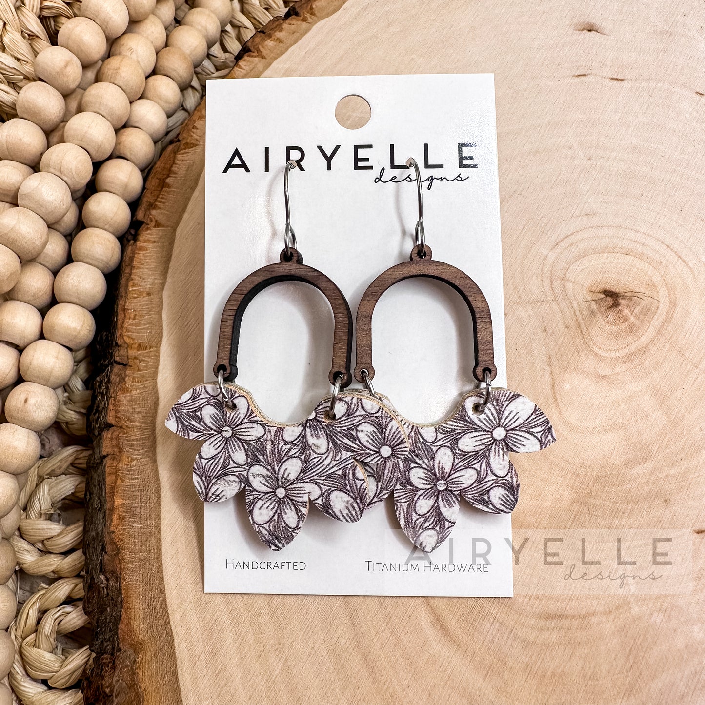 Neutral Floral Scalloped Cork + Leather Wood Arch Earrings