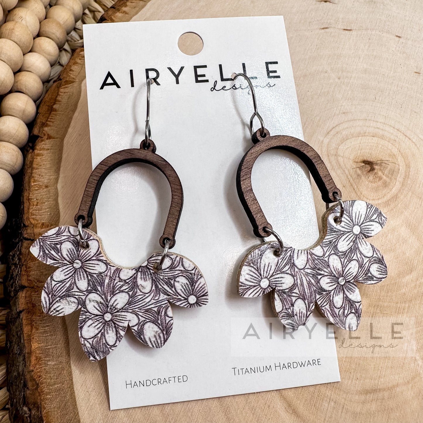 Neutral Floral Scalloped Cork + Leather Wood Arch Earrings