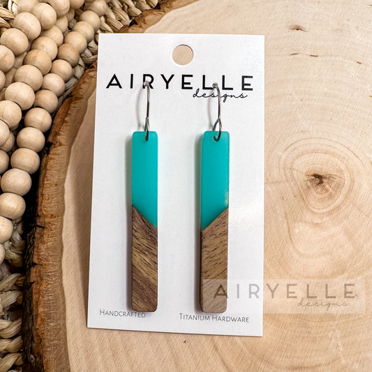 Resin + Wood Minimalist Bar Earrings - Aqua