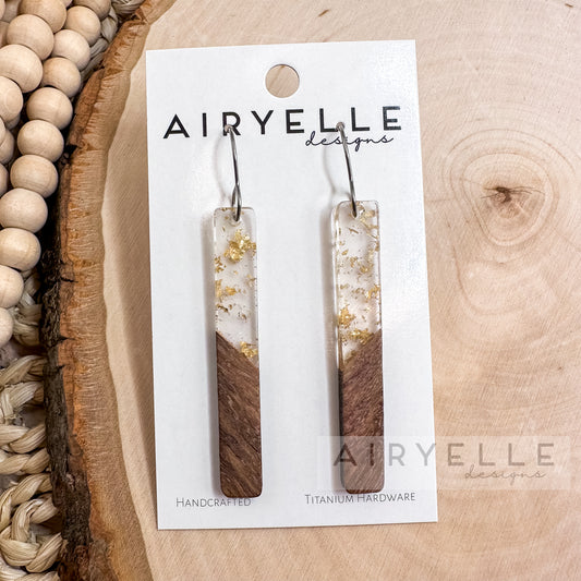 Resin + Wood Minimalist Bar Earrings - Gold Flake