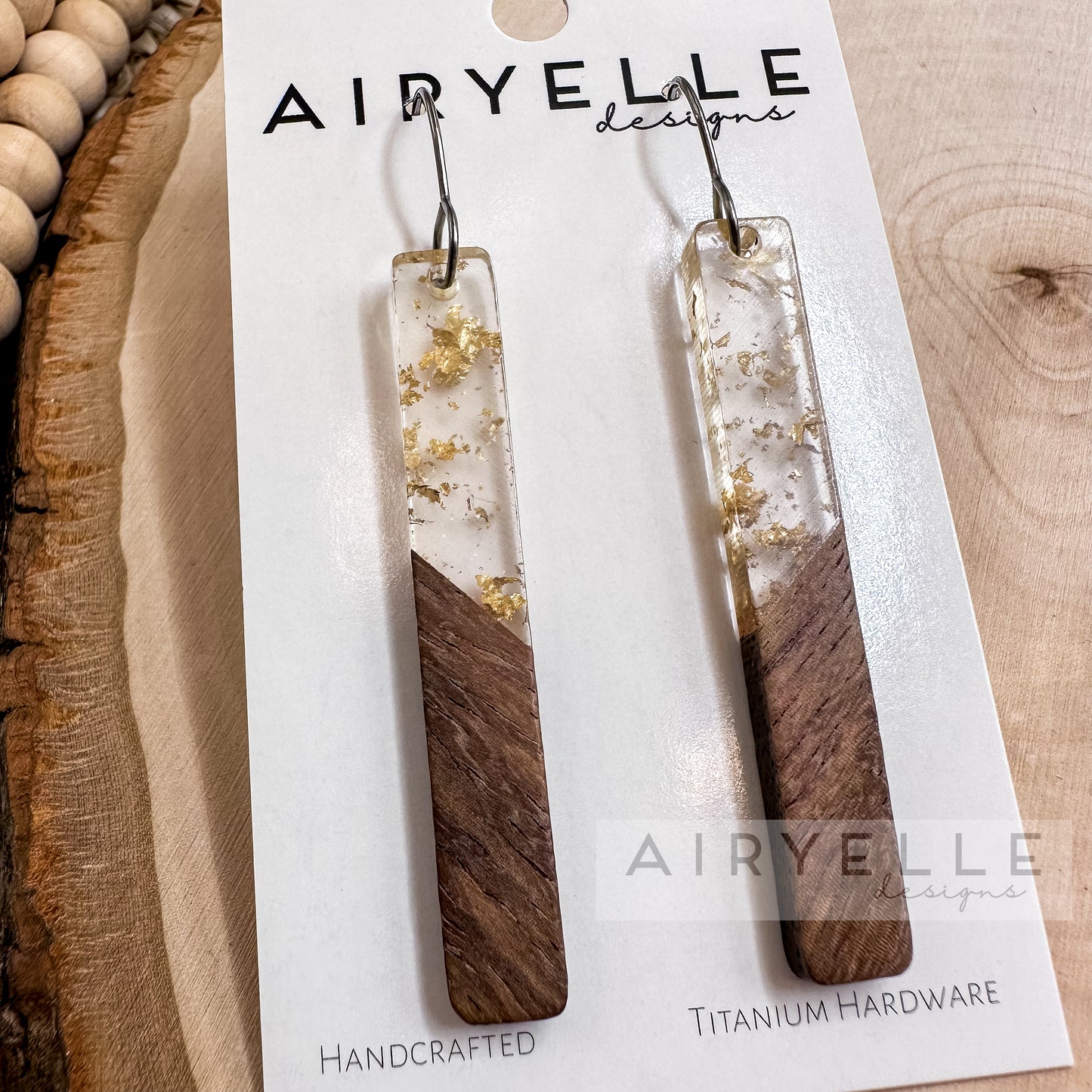 Resin + Wood Minimalist Bar Earrings - Gold Flake