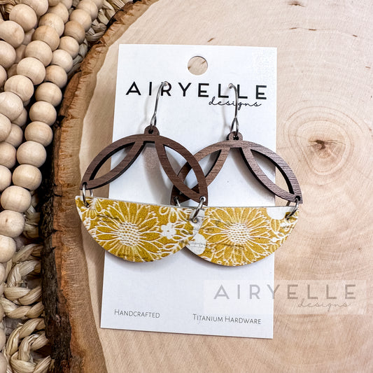 Summer Yellow Cork + Leather Wood Petal Arch Earrings