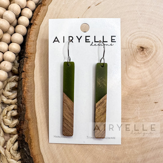 Resin + Wood Minimalist Bar Earrings - Olive