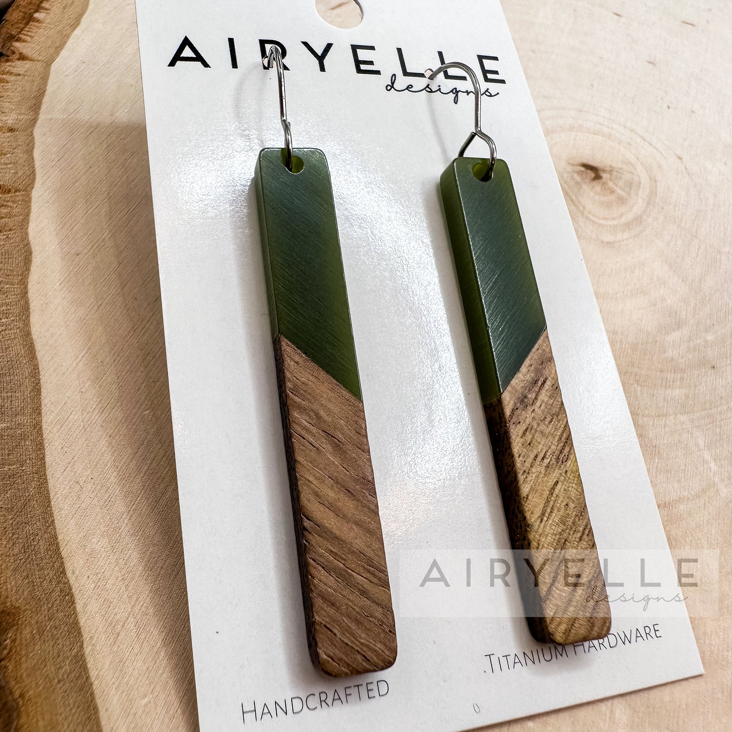 Resin + Wood Minimalist Bar Earrings - Olive