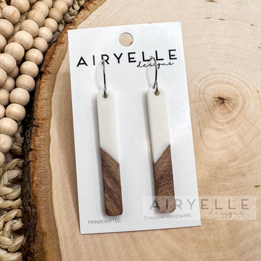 Resin + Wood Minimalist Bar Earrings - White