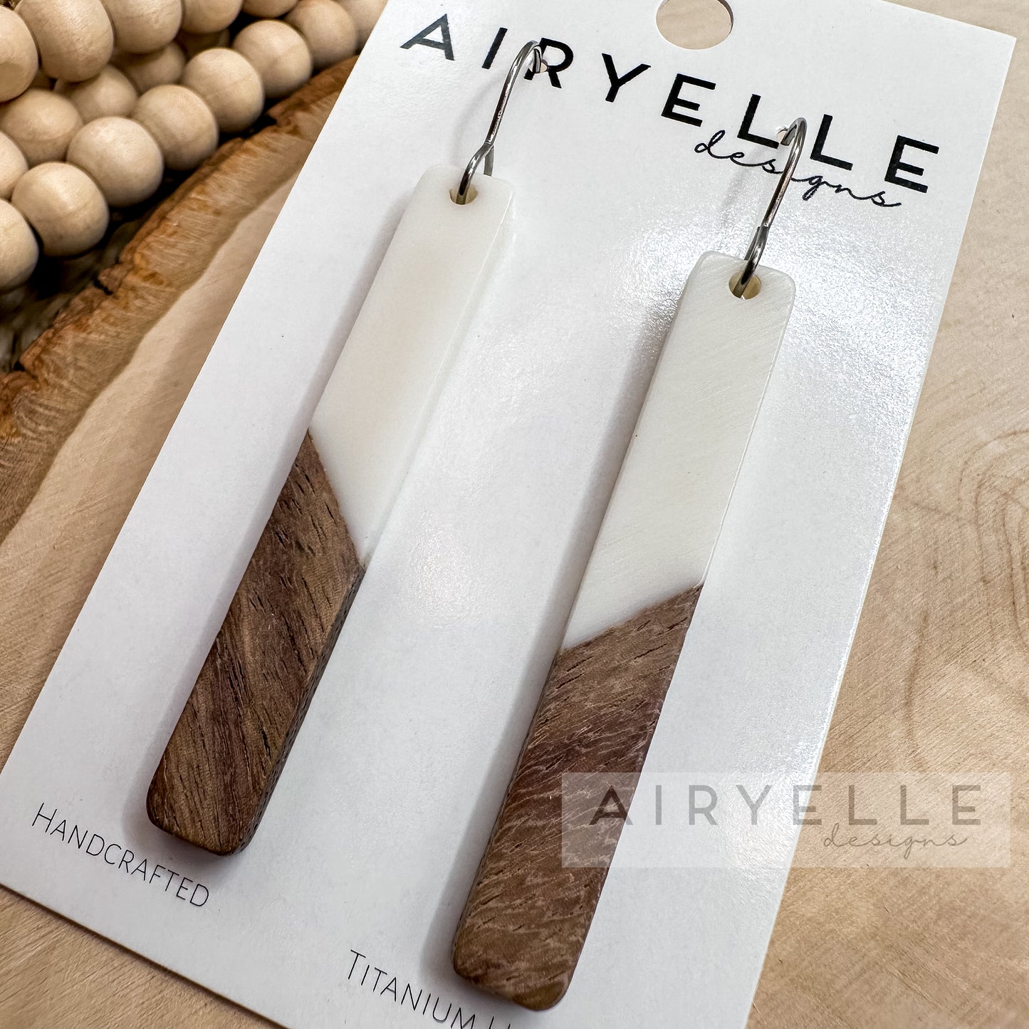 Resin + Wood Minimalist Bar Earrings - White