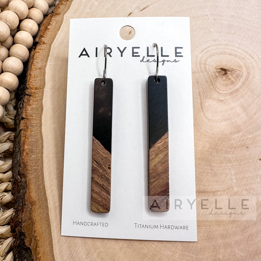 Resin + Wood Minimalist Bar Earrings - Black