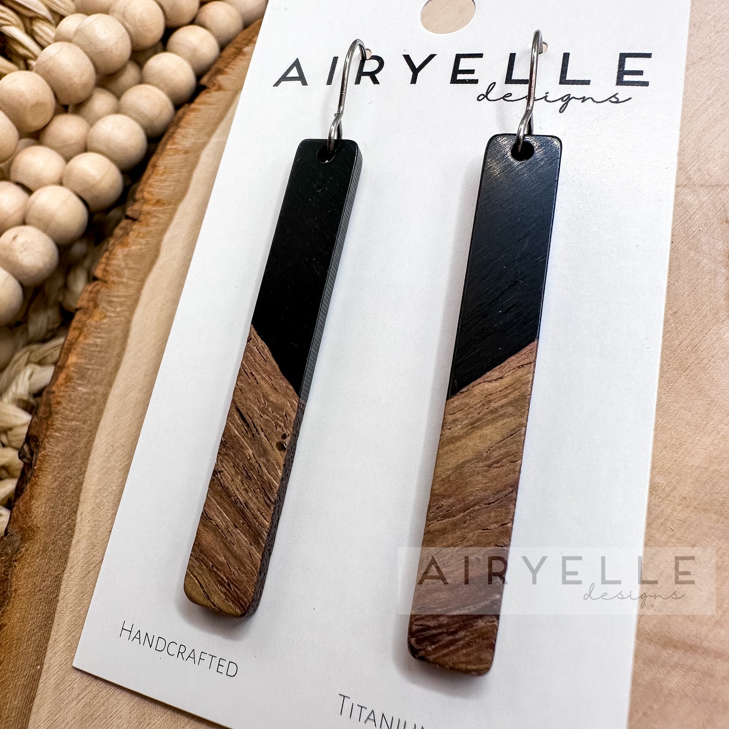 Resin + Wood Minimalist Bar Earrings - Black