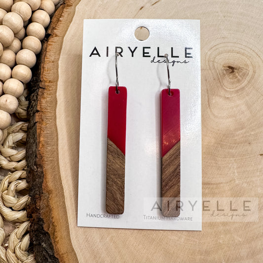 Resin + Wood Minimalist Bar Earrings - Red