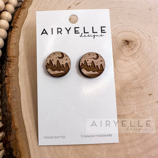 Starry Night White Oak Wood Stud Earrings