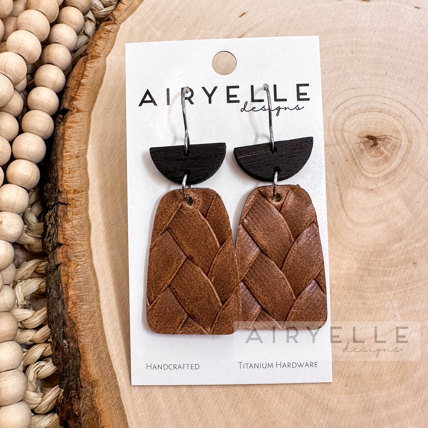 Box Braid Cowhide Leather + Black Wood Boho Earrings