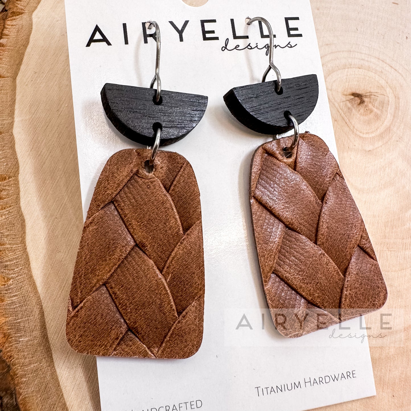 Box Braid Cowhide Leather + Black Wood Boho Earrings