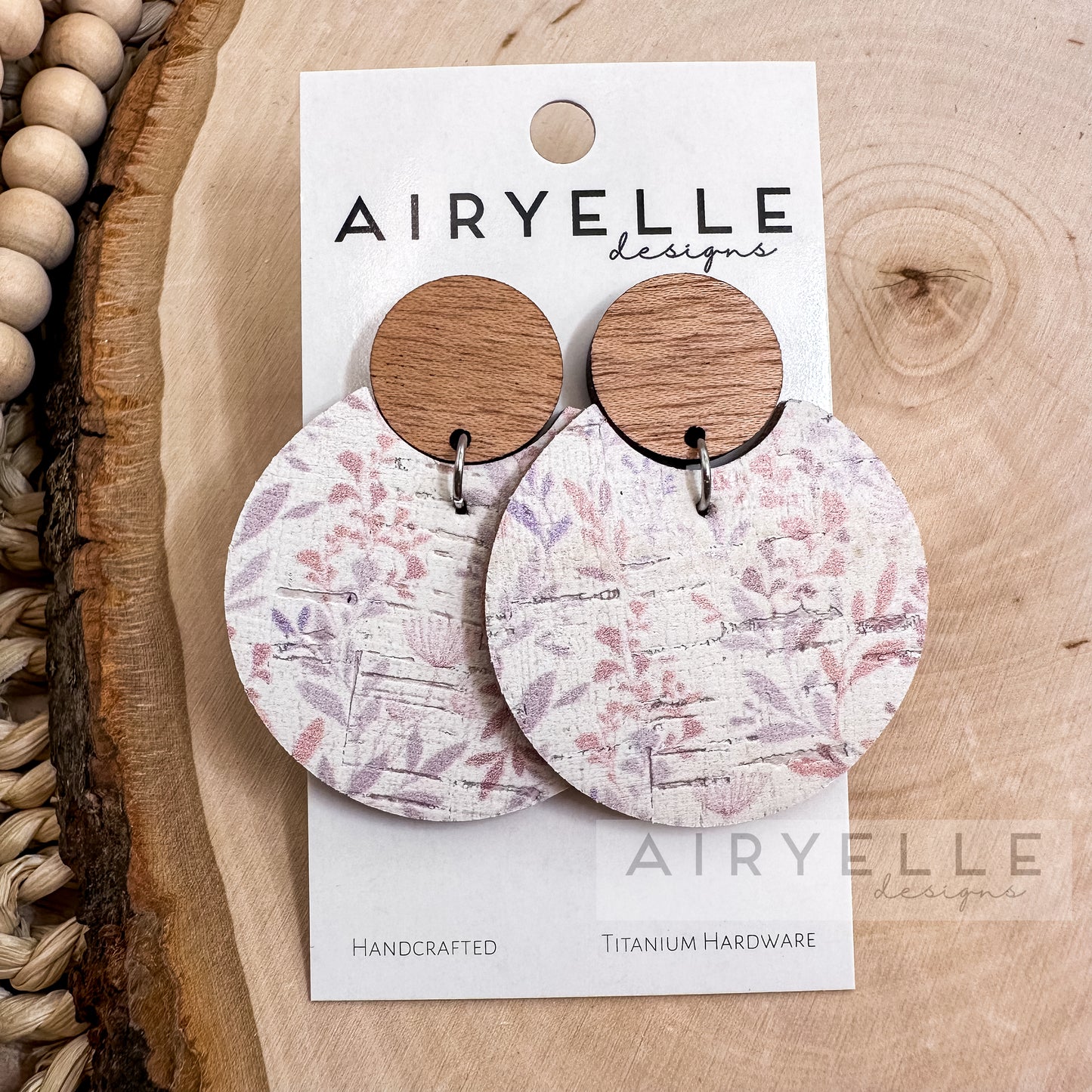 Pastel Vines Round Cork + Leather Wood Earrings