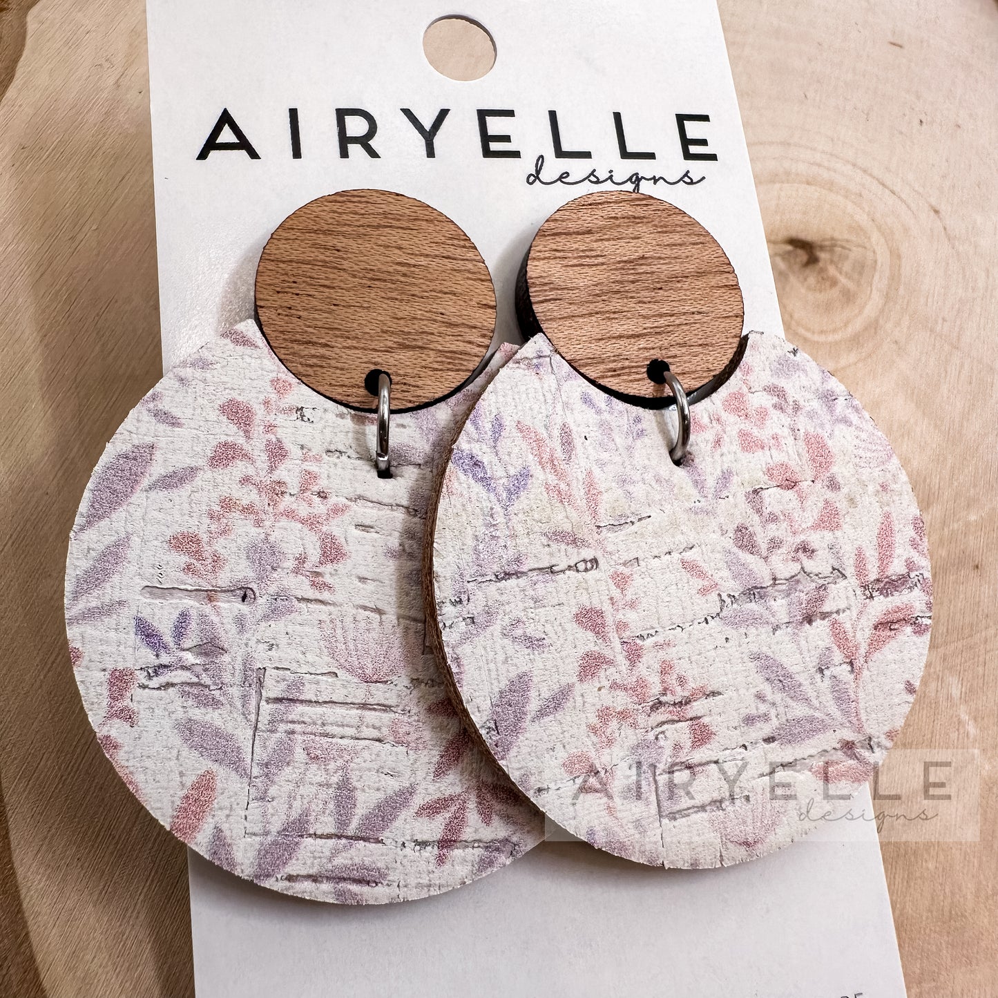 Pastel Vines Round Cork + Leather Wood Earrings