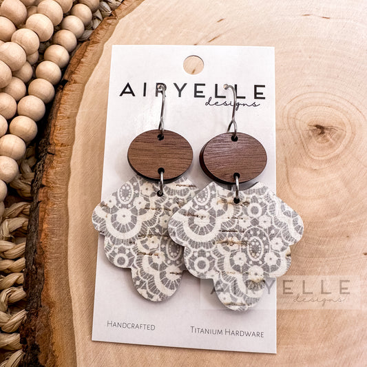 French Lace Scalloped Cork + Leather Wood Earrings